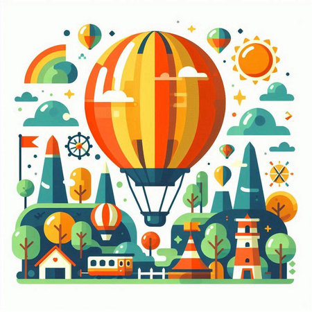 Hot air balloon in the city. Vector illustration in flat style.のイラスト素材