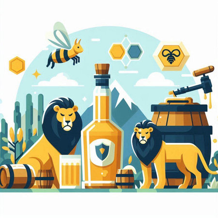Lion, bear, bee, barrel of rum, honeycomb, barrel of honey. Vector illustrationのイラスト素材