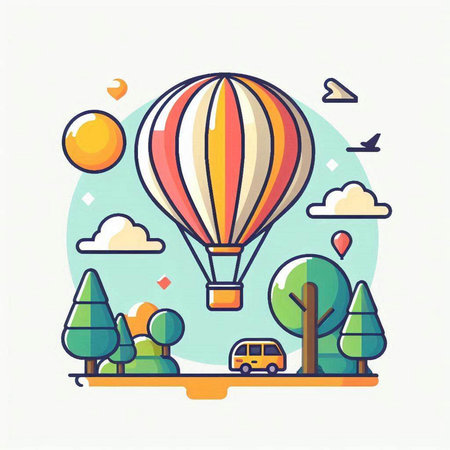 Colorful flat vector illustration of hot air balloon flying over the cityのイラスト素材