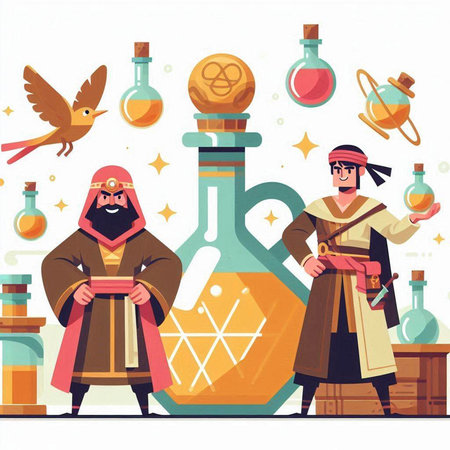 Medieval people. Vector illustration in flat cartoon style. Men in medieval clothes with magic potionのイラスト素材