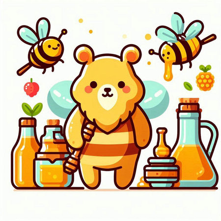 Cute bear with honey and bees. Vector illustration in cartoon style.のイラスト素材