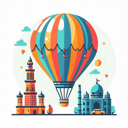 Colorful hot air balloon flying over famous indian landmarks. Vector illustrationのイラスト素材