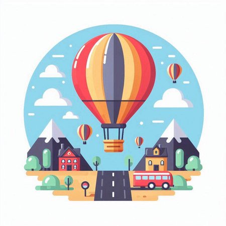 Hot air balloon flying over the city. Vector illustration in flat styleのイラスト素材