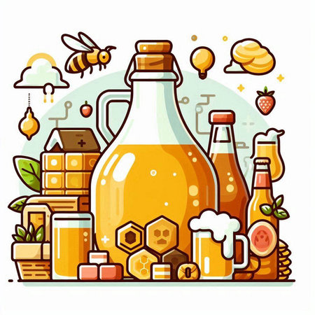 Vector illustration of a set of various types of honey in a bottle.のイラスト素材
