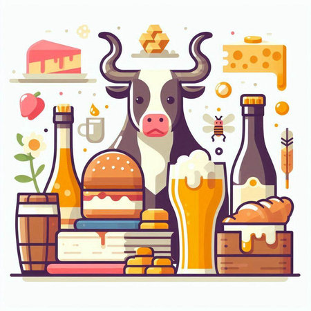 Vector illustration of a flat design of dairy products. Cow, cheese, beer, bread, wine, beer, honey, ice cream.のイラスト素材