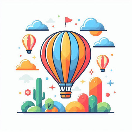 Colorful hot air balloon flying in the sky. Vector illustration.のイラスト素材
