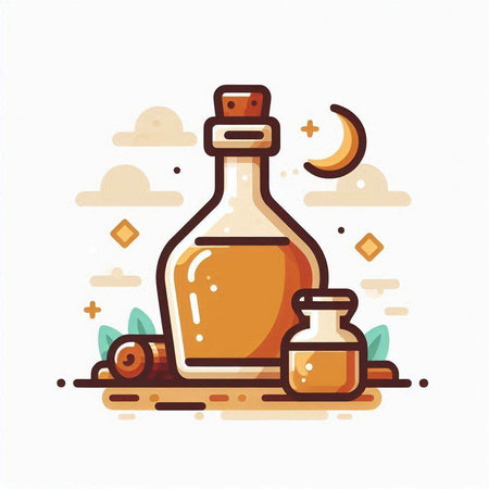 Magic potion bottle and crescent moon on white background. Vector illustration.のイラスト素材