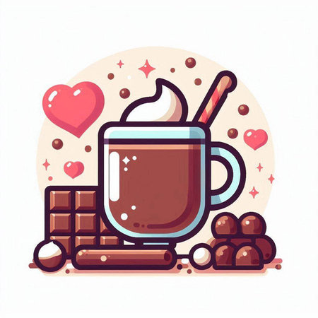 Cup of hot chocolate with whipped cream, candies and cocoa powder. Vector illustration.のイラスト素材