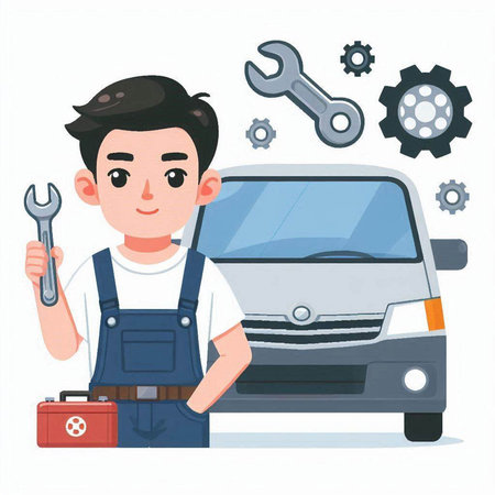 Auto mechanic with wrench and car. Vector illustration in cartoon style.のイラスト素材