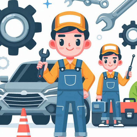 Auto mechanic and mechanic. Mechanic and mechanic with tools. Vector illustrationのイラスト素材