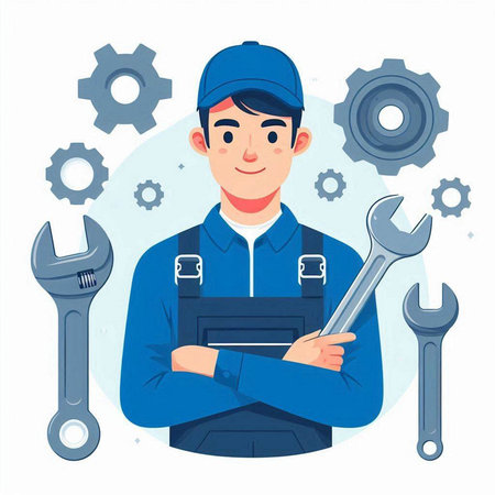 Auto mechanic. Mechanic holding wrench. Vector illustration in cartoon styleのイラスト素材