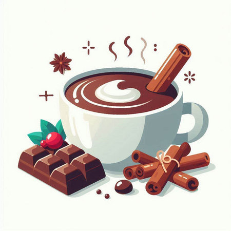 Cup of hot chocolate with cinnamon and star anise. Vector illustration.のイラスト素材