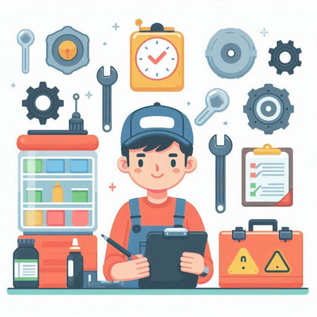 Repairman in uniform with tools. Vector illustration in flat styleのイラスト素材