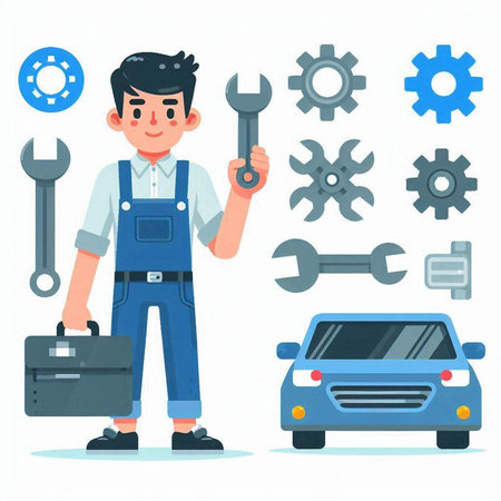 Vector illustration of a mechanic in overalls holding a wrench and a car.のイラスト素材