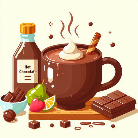 Hot chocolate with whipped cream, fruit and chocolate bar. Vector illustration.のイラスト素材