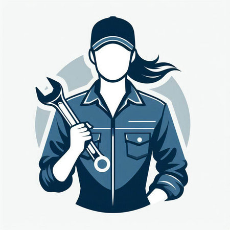Mechanic woman with spanner icon on white background. Vector illustration.のイラスト素材