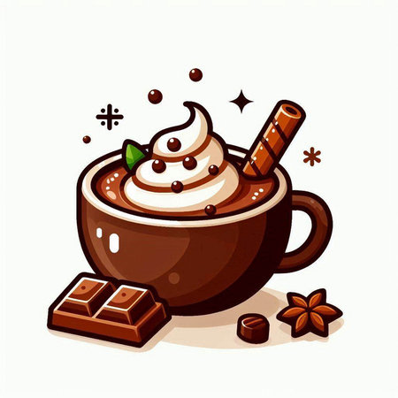 Cup of hot chocolate with whipped cream and cinnamon. Vector illustration.のイラスト素材