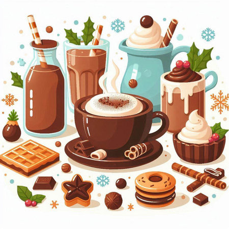 Cup of coffee with whipped cream, chocolate and cookies. Vector illustration.のイラスト素材