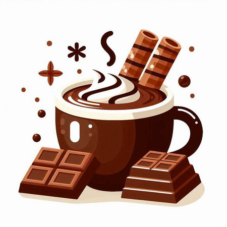 Cup of hot chocolate with marshmallow and chocolate bars. Vector illustration.のイラスト素材