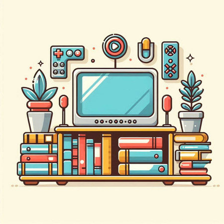 Flat design modern vector illustration concept of home library, bookshelf with books, tv and other items.のイラスト素材