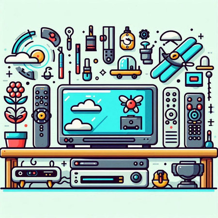 Vector line art illustration of home electronics and appliances in flat style.のイラスト素材