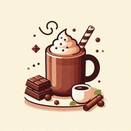 Vector illustration of a cup of hot chocolate with whipped cream, chocolate and cinnamon sticksのイラスト素材