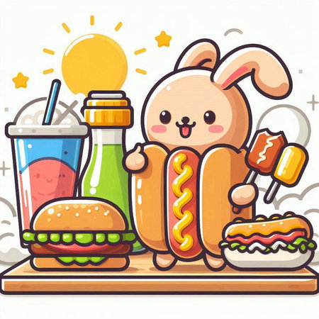 Vector illustration of a cute bunny eating hot dog with hamburger.のイラスト素材