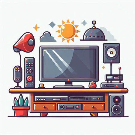 Vector illustration of home entertainment. Television, home theater, remote control, speakers, tv and other elements.のイラスト素材