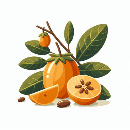 Fresh ripe persimmon fruits with green leaves. Vector illustration.のイラスト素材