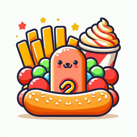 Cute fast food character with hot dog, french fries and ice cream. Vector illustration.のイラスト素材