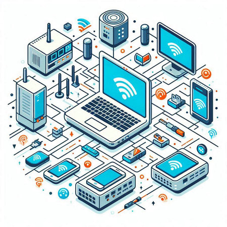 Modern technology isometric vector illustration. Smartphone, laptop, router and internet of things.のイラスト素材