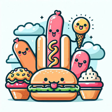 Fast food vector illustration. Cute kawaii fast food characters.のイラスト素材