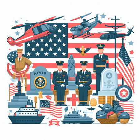 Vector illustration of the United States of America military and transportation. Flat style.のイラスト素材