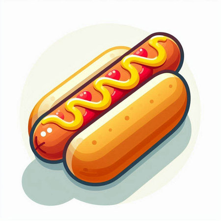 Hot dog with mustard on a white background. Vector cartoon illustration.のイラスト素材
