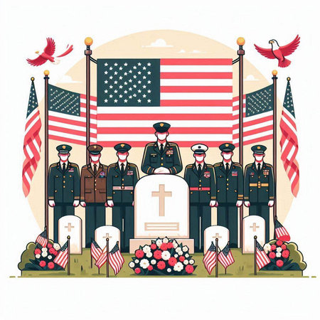 Cemetery with American flag and soldiers. Vector illustration in flat styleのイラスト素材