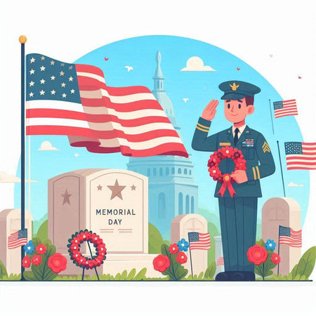 Patriotic composition with soldier in uniform on grave and american flag vector illustrationのイラスト素材