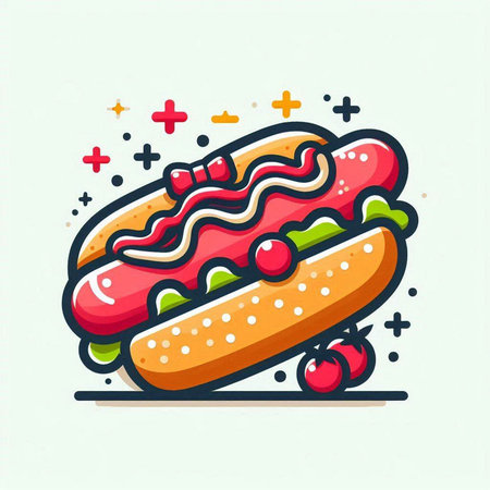 Hot dog with ketchup and mustard. Fast food vector illustration.のイラスト素材