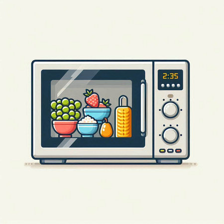 Microwave oven with fruits and vegetables. Vector illustration in cartoon style.のイラスト素材