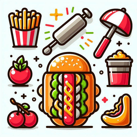Fast food icon set. Vector illustration of hamburger, cheeseburger, french fries, hot dog, ice cream, tomato, onion rings, ketchup sauce and soda drinkのイラスト素材