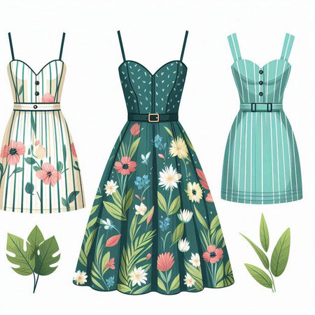 Set of women's dresses with flowers and leaves. Vector illustration.のイラスト素材
