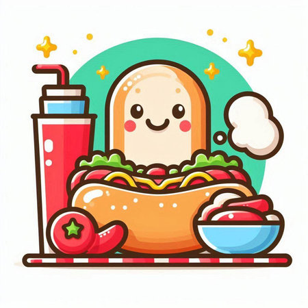 Hot dog with kawaii character. Fast food vector illustration.のイラスト素材
