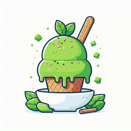 Green tea ice cream in a bowl with mint leaves. Vector illustration.のイラスト素材