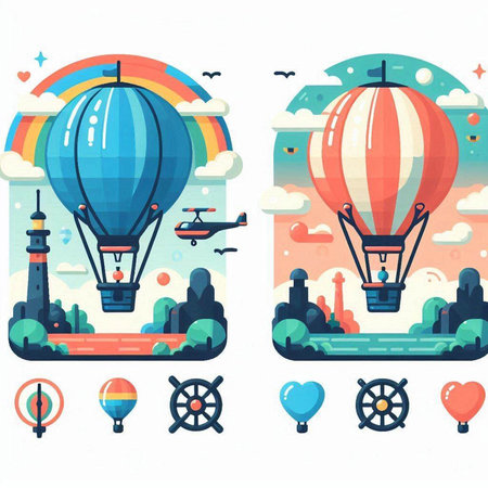 Set of vector flat style illustrations of hot air balloons in the sky.のイラスト素材