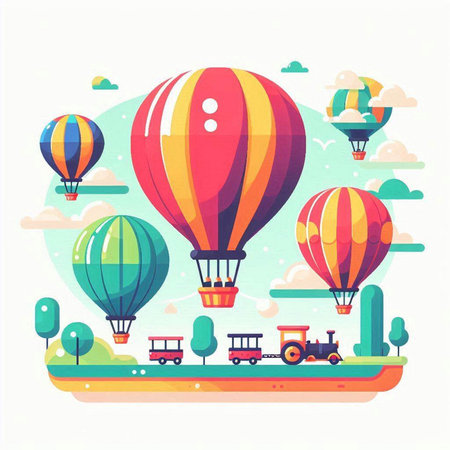 Hot air balloons flying in the sky. Vector illustration in flat styleのイラスト素材