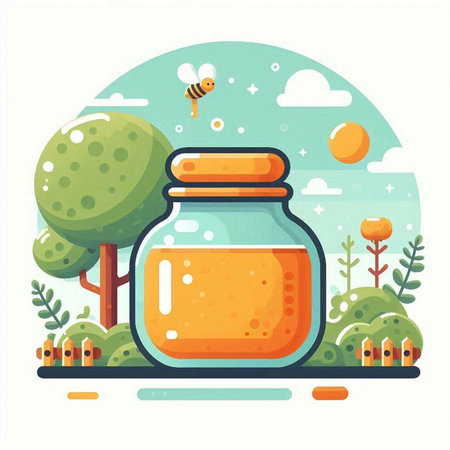 Jar of honey on nature background. Vector illustration in flat style.のイラスト素材
