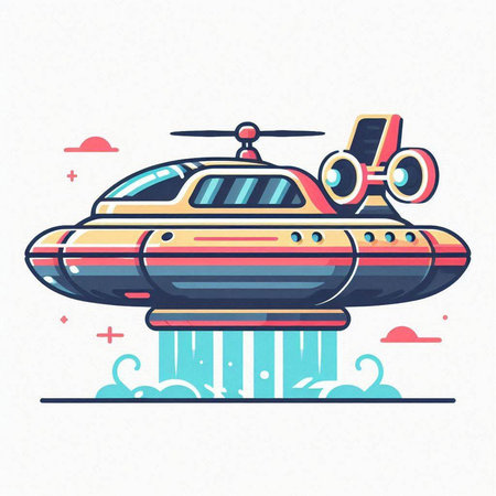 Flying saucer vector illustration in flat line style. Futuristic space vehicle.のイラスト素材