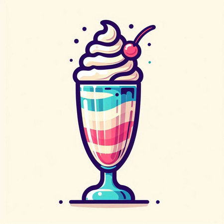 Colorful illustration of a milkshake in a glass with whipped cream, cherry and cherry.のイラスト素材