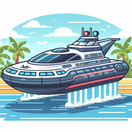 Futuristic ship in the sea. Vector illustration in cartoon style.のイラスト素材