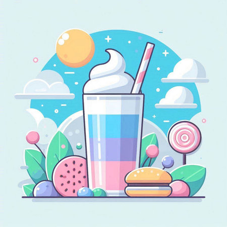 Colorful vector illustration of a milkshake in a glass with ice cream and sweetsのイラスト素材