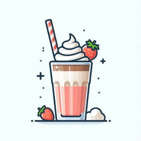 Vector illustration of milkshake with whipped cream and strawberries in a glass.のイラスト素材